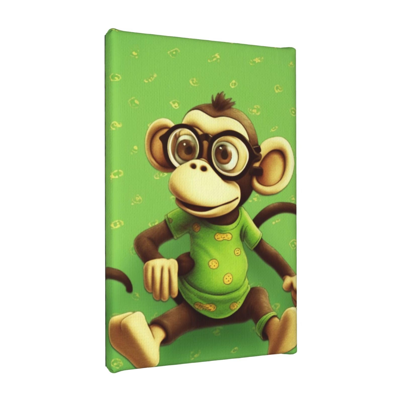 YKLJG Green Monkey Printed Wall Art Canvas Painting 20x30 CM Wooden Framed Picture Painting Artwork Prints for Bedroom Kitchen Home Office Decor