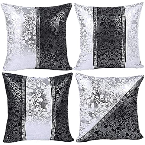 HOSTECCO Faux Leather Cushion Covers Pack of 4 Black and White Decorative Throw Pillow Covers Porcelain Floral Pattern Square Pillow Cases for Sofa Couch Patio 45x45 cm Cover