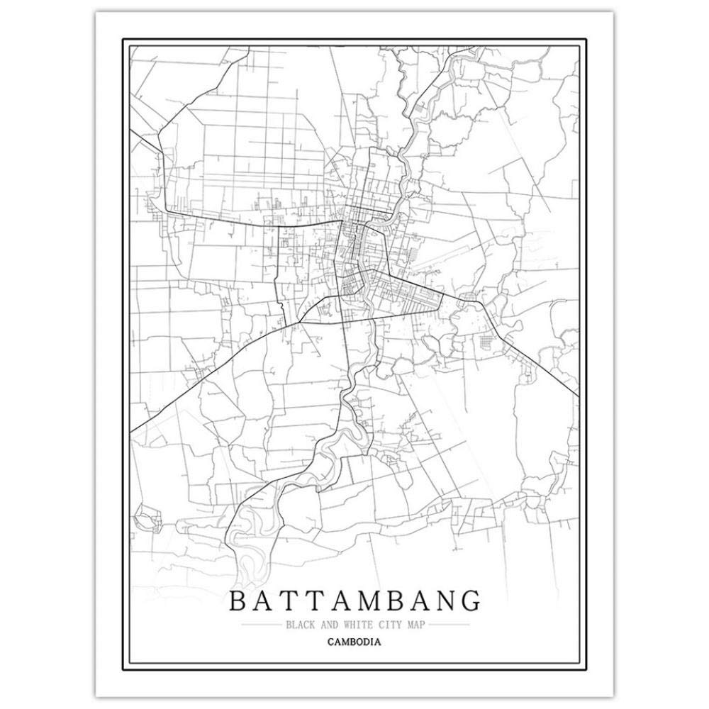 Affiche de Battambang Cambodge tableau vertical noir et blanc pour décoration de bureau zen