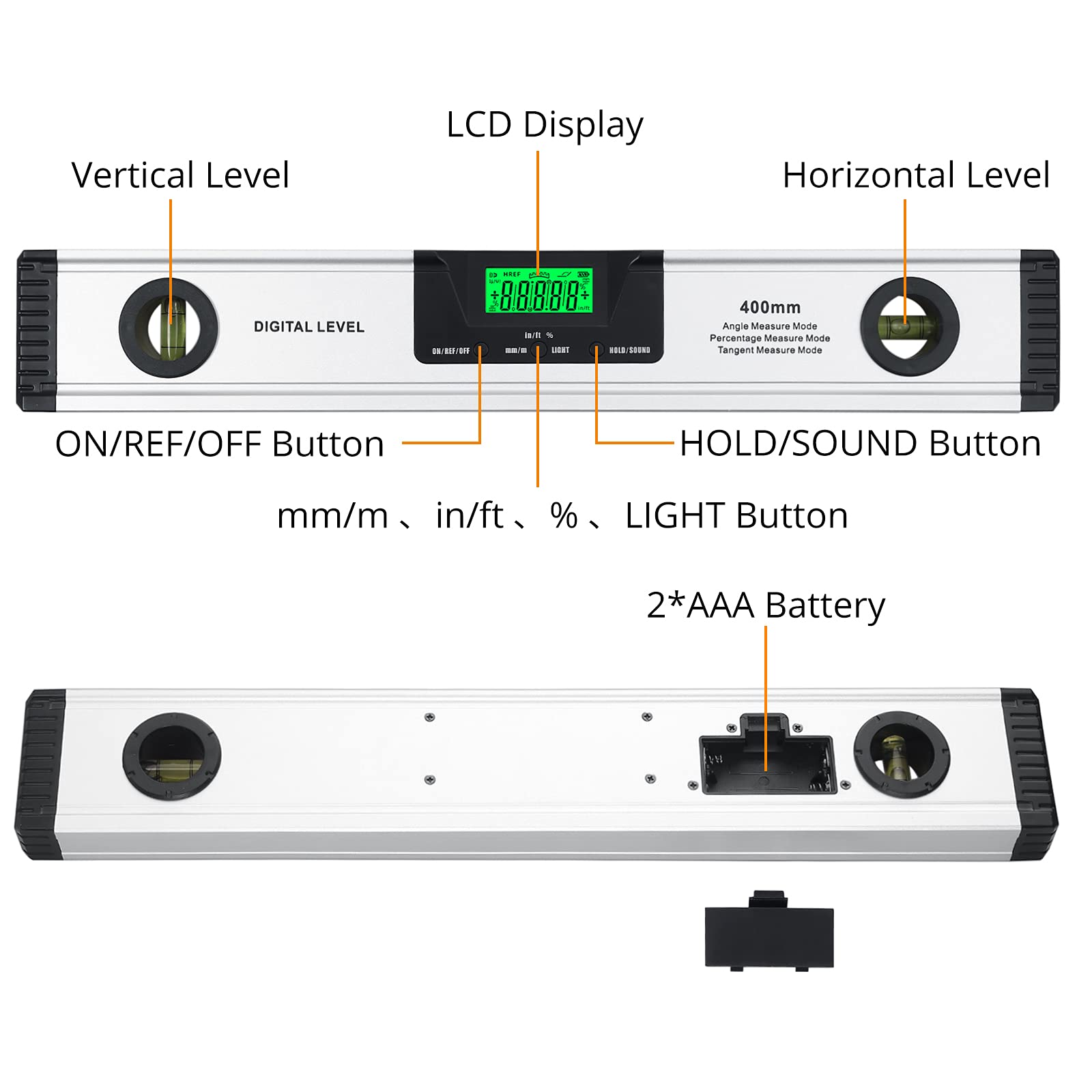 Neoteck cyfrowy poziomica bąbelkowa 400 mm/16 cali z cyfrowym wskaźnikiem audio Spirit Level-Finder kąt ze stopu aluminium z magnetyczną podstawą narzędzia pomiarowe kąt duży przezroczysty wyświetlacz