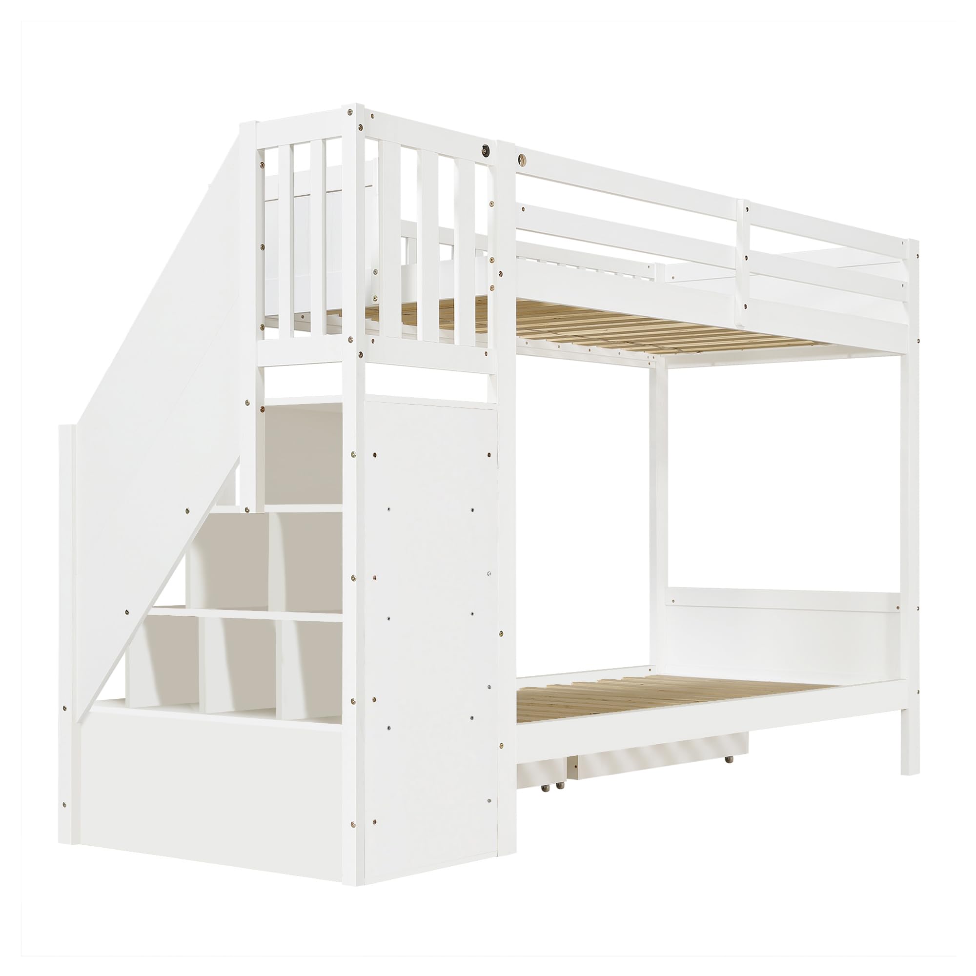 Litera blanca para niños, 90 x 200 cm, de madera, con escalera de almacenamiento, 2 cajoneras, protección contra caídas, cama alta para habitación infantil, sin colchón