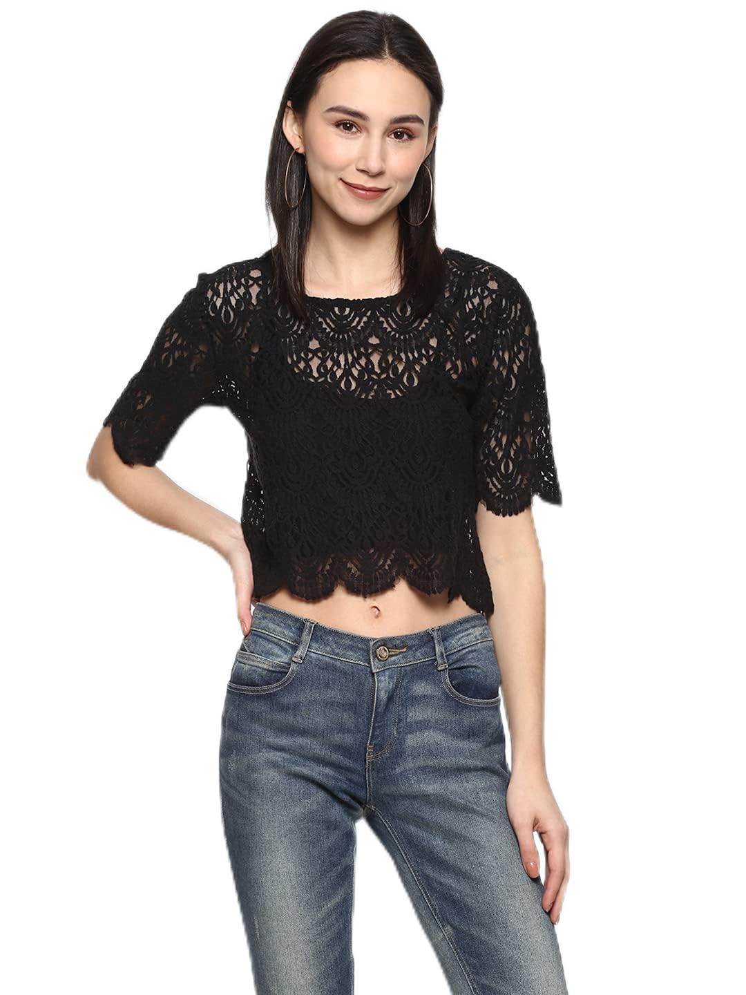 porsorte Women Black Net Lace Crop Top-picture-40