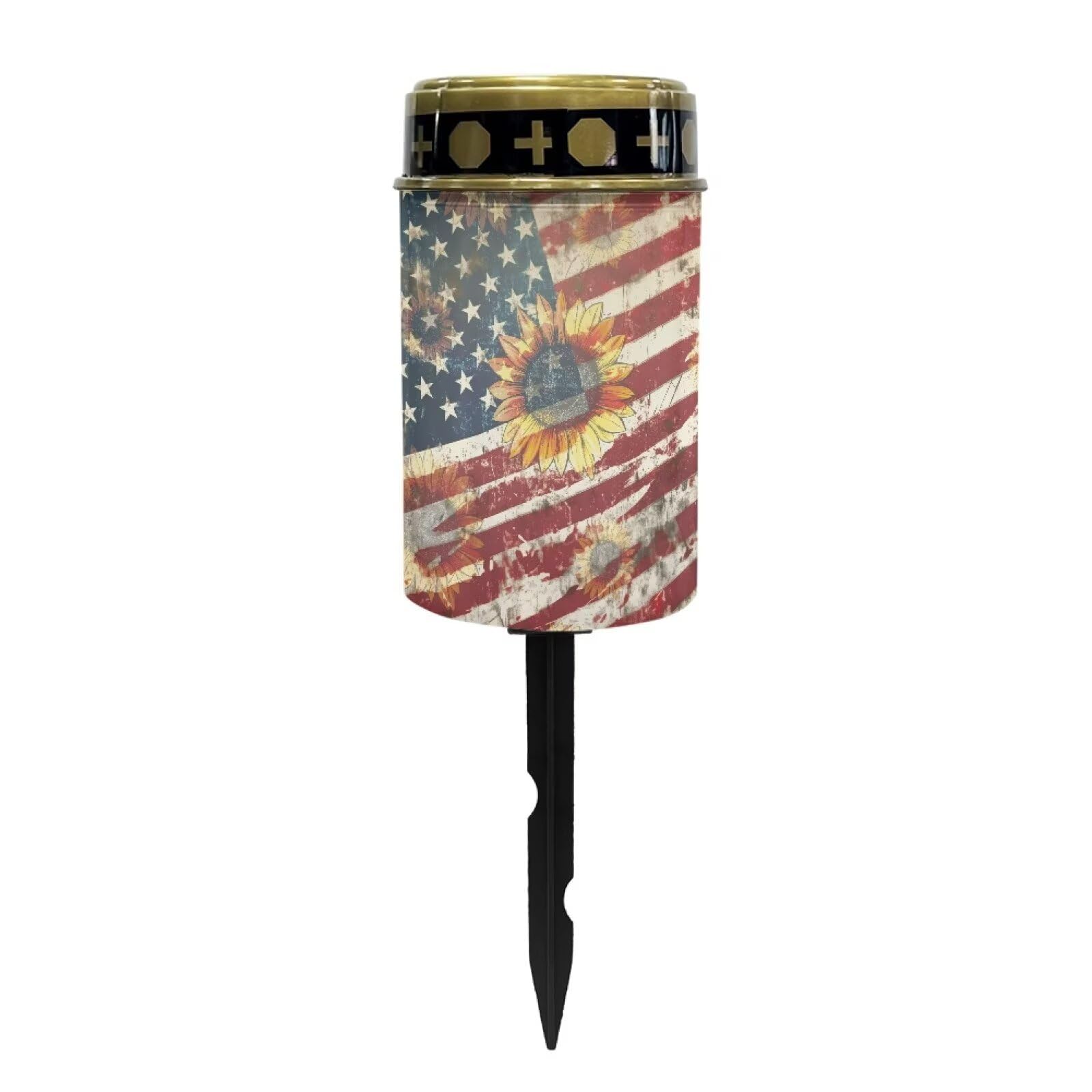Cemetery Solar Lights for Grave, American Flag Sunflower Pattern Outdoor Solar for Independence Day Decor, Outdoor Garden Lights Waterproof Path Lights for Garden Night Light Outside Decor