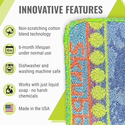 Image of Wet-It Skrubba Non-Scratch Scouring Pad - European Scrubby Sponge for Kitchen Cleaning, Pots, Pans, Glass & Cookware - Durable Reusable Pad with Fun Chicken Design