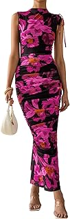 Women's Summer Maxi Floral Dresses Ruched Bodycon Sleeveless Mesh Formal Wedding Guest Cocktail Split Long Dress - Buy now