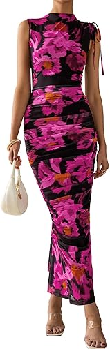 PRETTYGARDEN Women's Summer Maxi Floral Dresses Ruched Bodycon Sleeveless Mesh Formal Wedding Guest Cocktail Split Long Dress