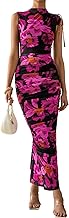 PRETTYGARDEN Women's Summer Maxi Floral Dresses Ruched Bodycon Sleeveless Mesh Formal Wedding Guest Cocktail Split Long Dress