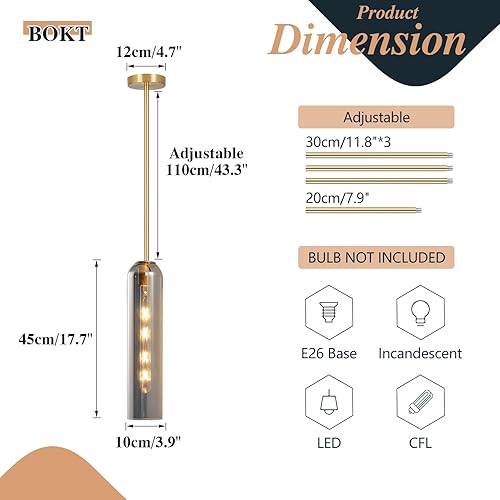 Miniatura 3 de BOKT Moderna lámpara colgante de cristal, lámpara nórdica de tubo largo, lámpara colgante ajustable de mediados de siglo, iluminación colgante de