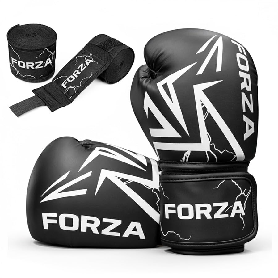 FORZA Boxing Gloves & Hand Wraps Bundle – PU Leather Training Gloves with Hand Wraps for Boxing, Kickboxing, Muay Thai & MMA – Multiple Weights, Sizes & Colours (Black 14oz (68-84kg), 3.5m)