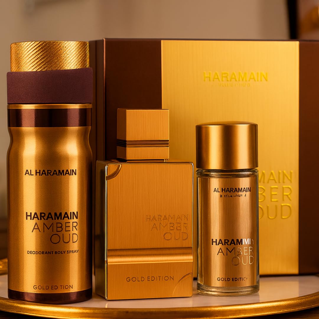 Al Haramain Amber Oud Gold Edition 3 Pc Gift Set for Unisex - Luxury Cologne & Perfume for Men & Women - 2.5 oz EDP Spray, 1 oz EDP Spray, 6.6 oz Body Spray - Arabian & Arabic Long Lasting Fragrance