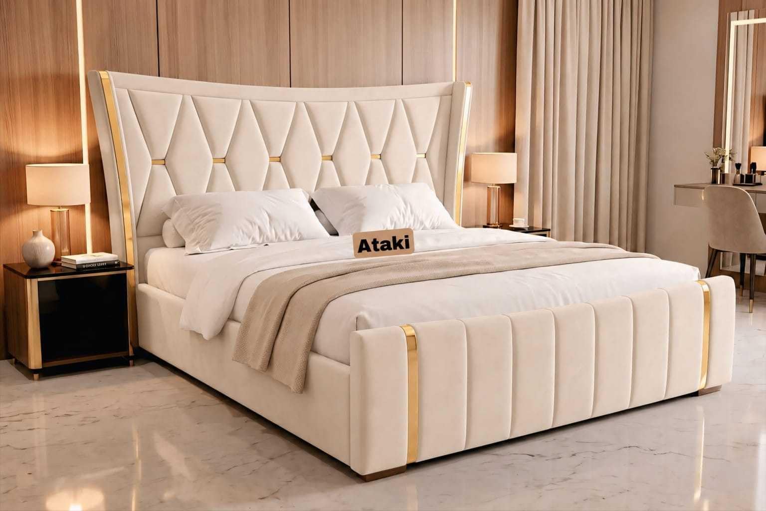 Modern Upholstered King Size Bed with Box Storage for Bedroom | Sheesham Wood Double Bed | Cream White Diamond Tufted Wingback Platform Cot with Gold Accent | 6.5 x 6 Ft-image-6