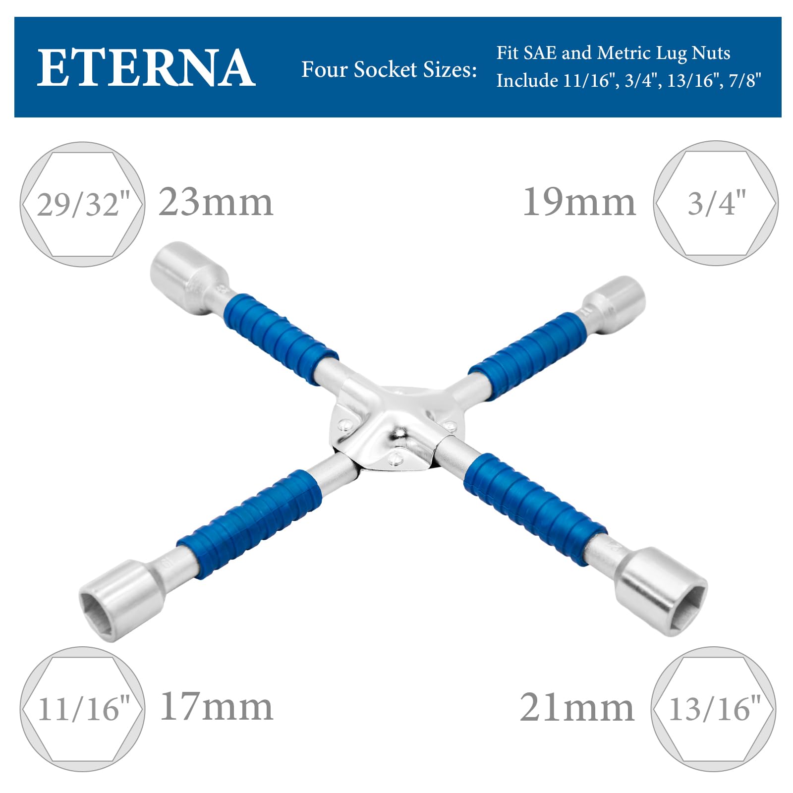 ETERNA Chiave a bussola professionale a quattro vie da 35,6 cm, chiave a croce per dadi delle ruote dell'auto, chiave a bussola universale resistente, strumento di riparazione pneumatici in acciaio al