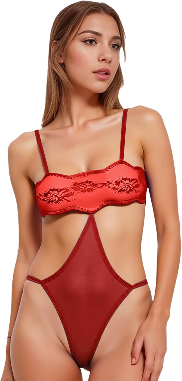 Mufeng Womens Sexy See Through Leotard Swimsuit Bodycon Sheer Lace Thong Bodysuit for Bathing Suit