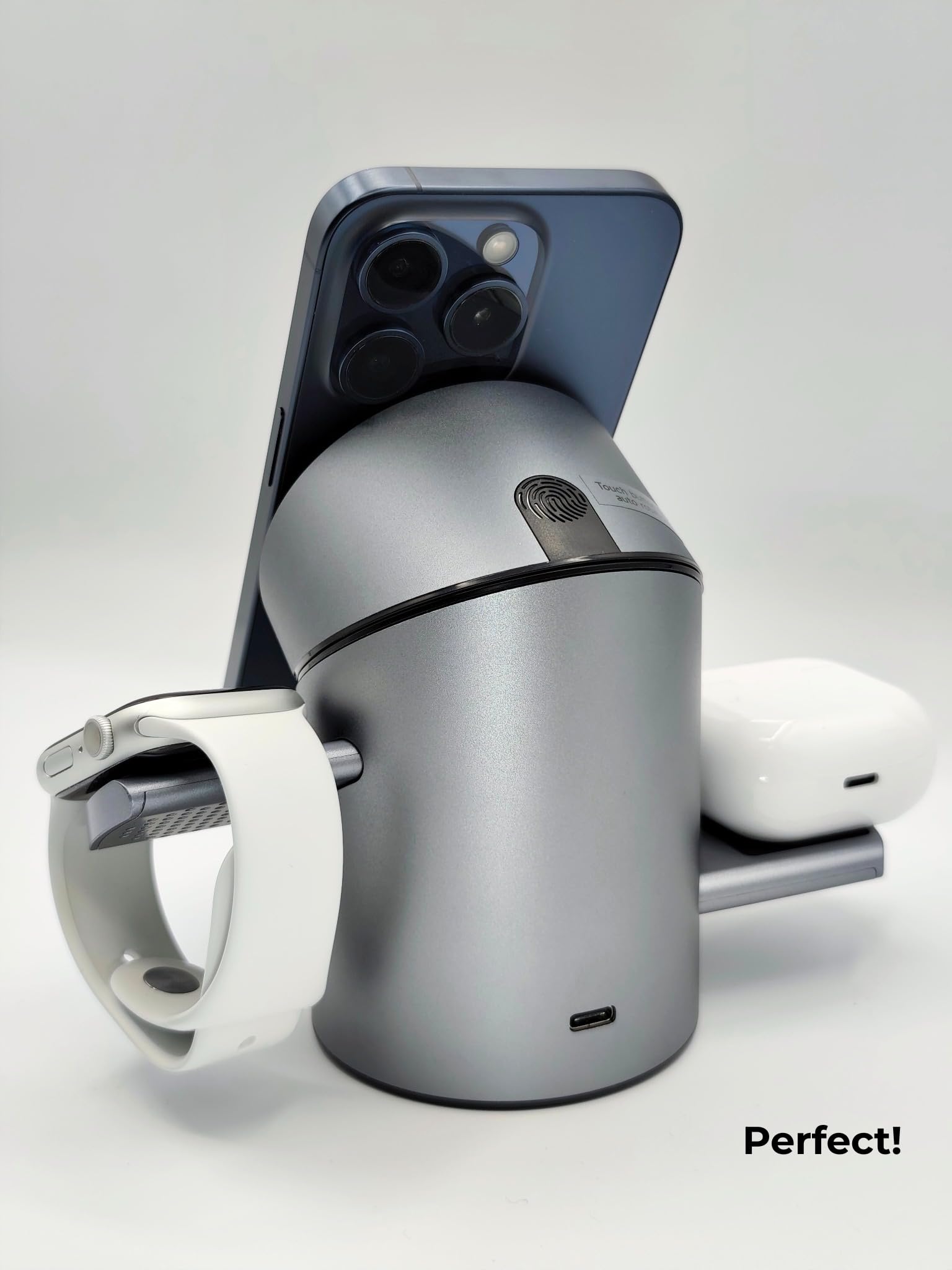 Caricatore in ALLUMINIO - Wireless 3-in-1 Qi2 Motorizzato – Ricarica Rapida 15W per iPhone, AirPods e Apple Watch – USB-C - Compatibile con smartphone con ricarica magnetica Qi -