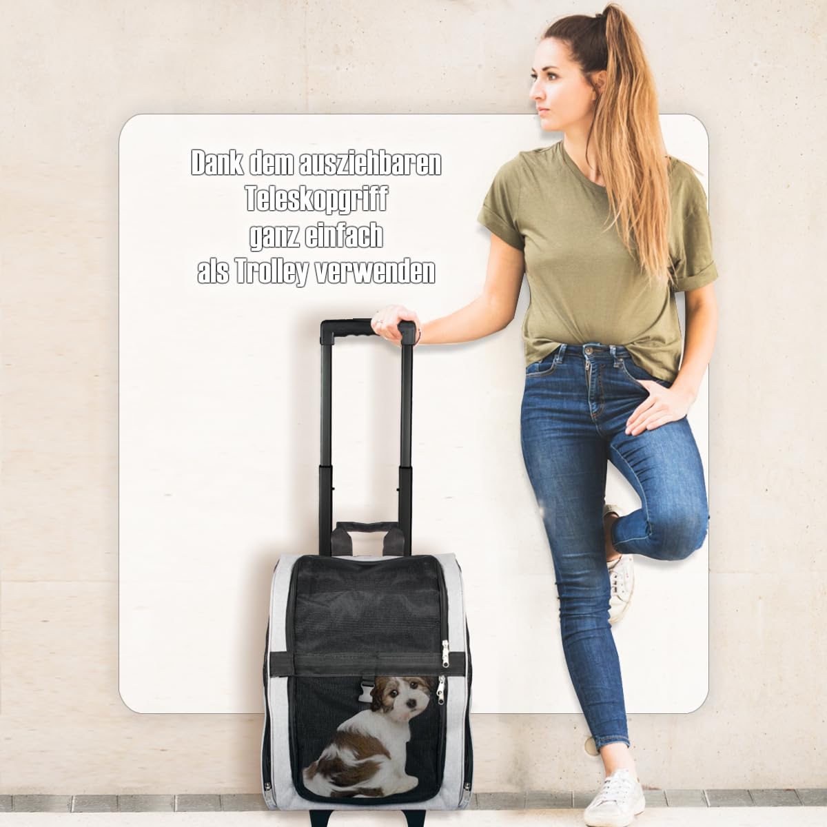 2IN1 Transporttasche mit Rollen bis 15kg Rucksack Trolley Hund Katze Hunderucksack Tasche (Melange-Grau)