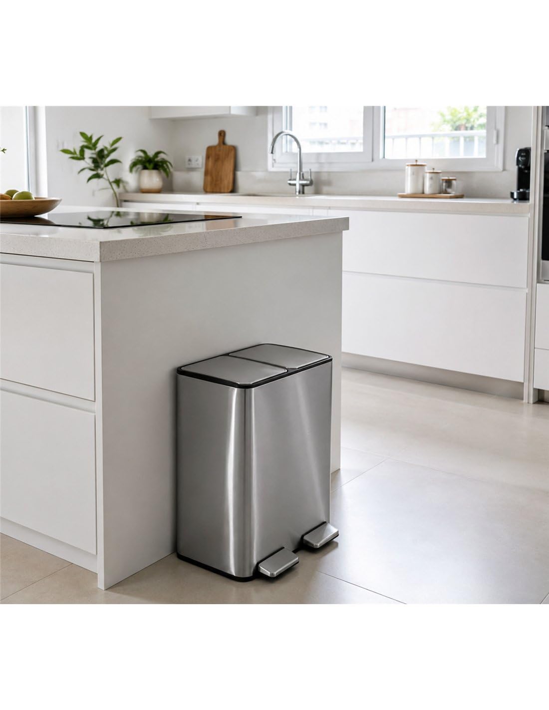 Jardin202 - Cubo reciclaje doble pedal | Acero Inoxidable y Negro Mate | Cubo de Basura Doble Compartimento | Para Cocina y Exterior | 30 litros (Plata)