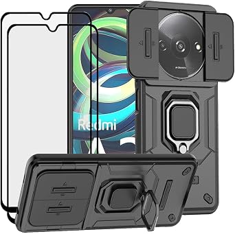 for Xiaomi Redmi A3 Case with Tempered Glass Screen Protector [2 PCS],Hybrid Heavy Duty Sliding Camera Window Anti-Scratch Shockproof Defender Kickstand Case, Black