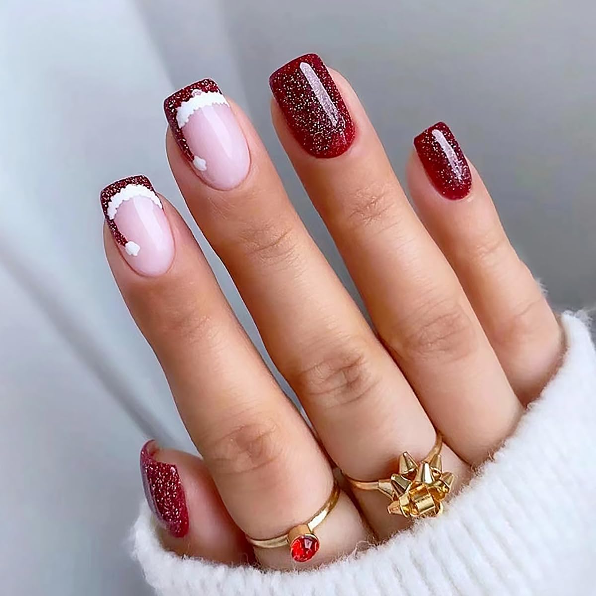 Medium Short Christmas Press on Nails Square Fake Nails Blood Red French Tips with Cute Christmas Cap Glitter Stick on Nails Designs Acrylic Artificial False Nails for Women and Girls 24 Pcs