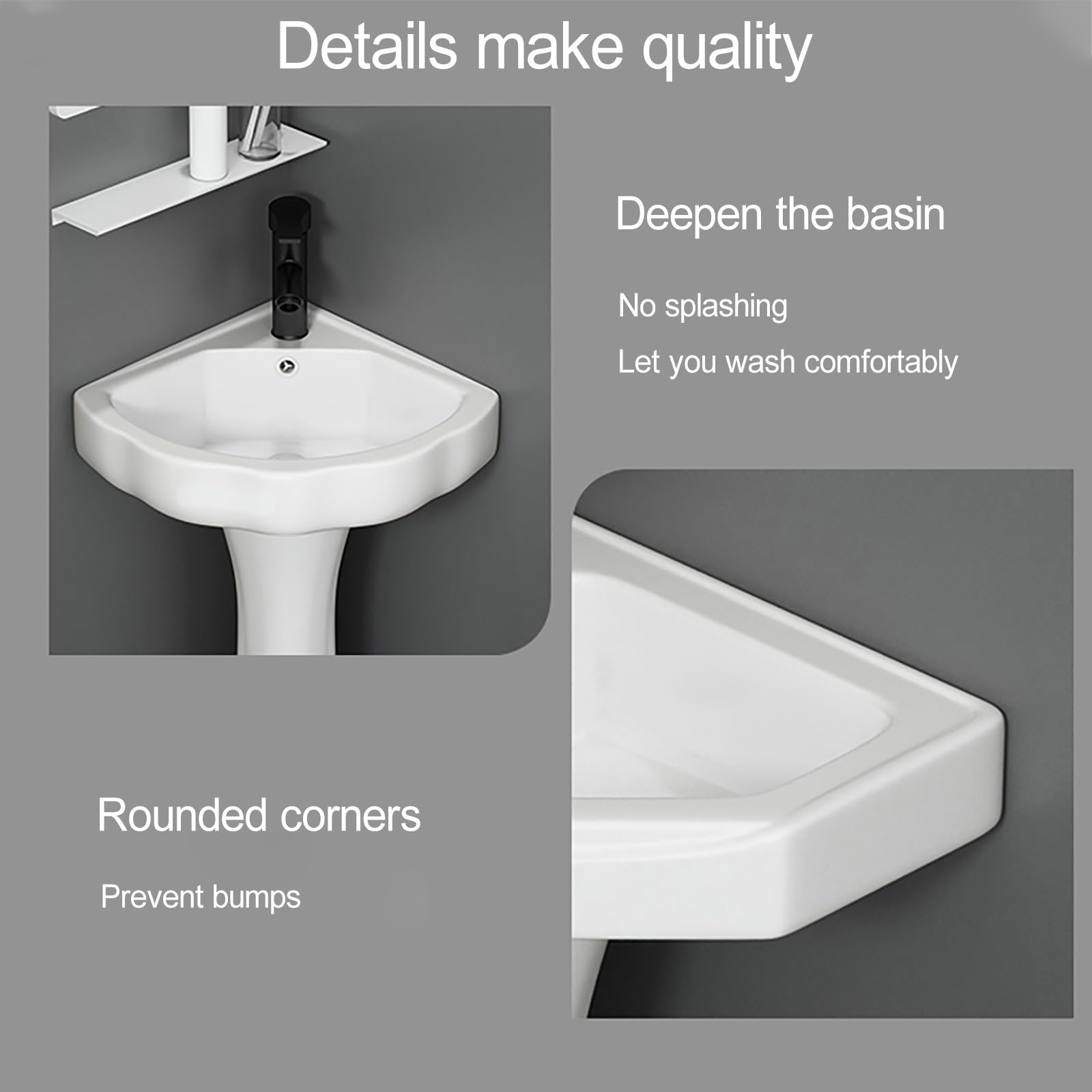 Fregadero esquinero compacto con grifo, lavabo de cerámica con desbordamiento y drenaje, perfecto para baños pequeños, diseño de ahorro de espacio, accesorio de baño moderno