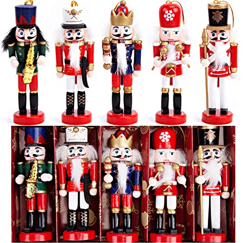 AMOR PRESENT Christmas Nutcracker Ornaments Set, 5.5 Inch Hanging Decorations Wooden Nutcracker Soldiers for Christmas Tree Gift Shelves Table Decoration