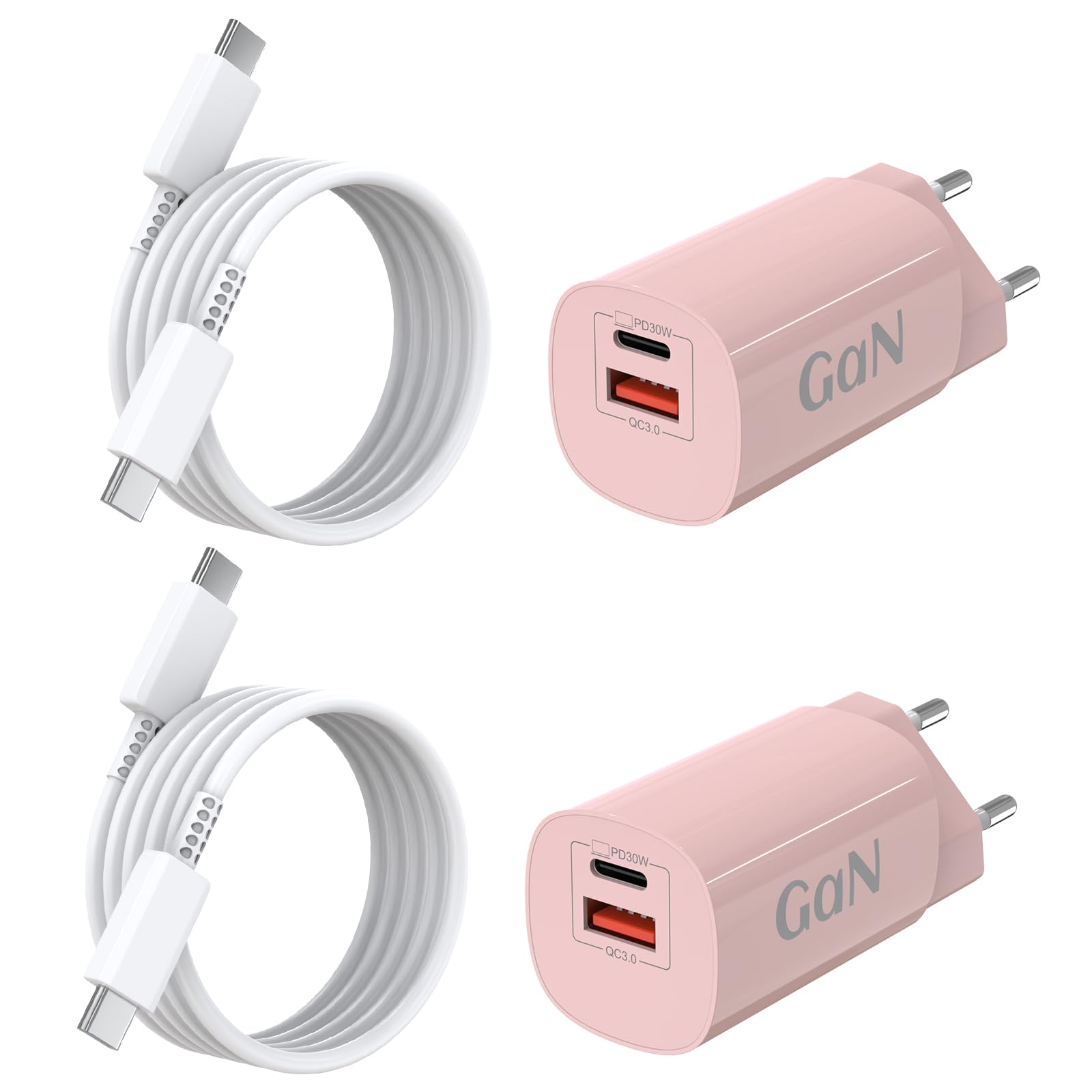 2-Pack 30W USB C Ladegerät, Schnellladegerät Stecker mit 1.5M Kabel Ladegerät für iPhone 17 16 15 Pro Max Plus, USB C Netzteil, Samsung Handys USBC Fast Charger USBC PD 3.0 Power Adapter