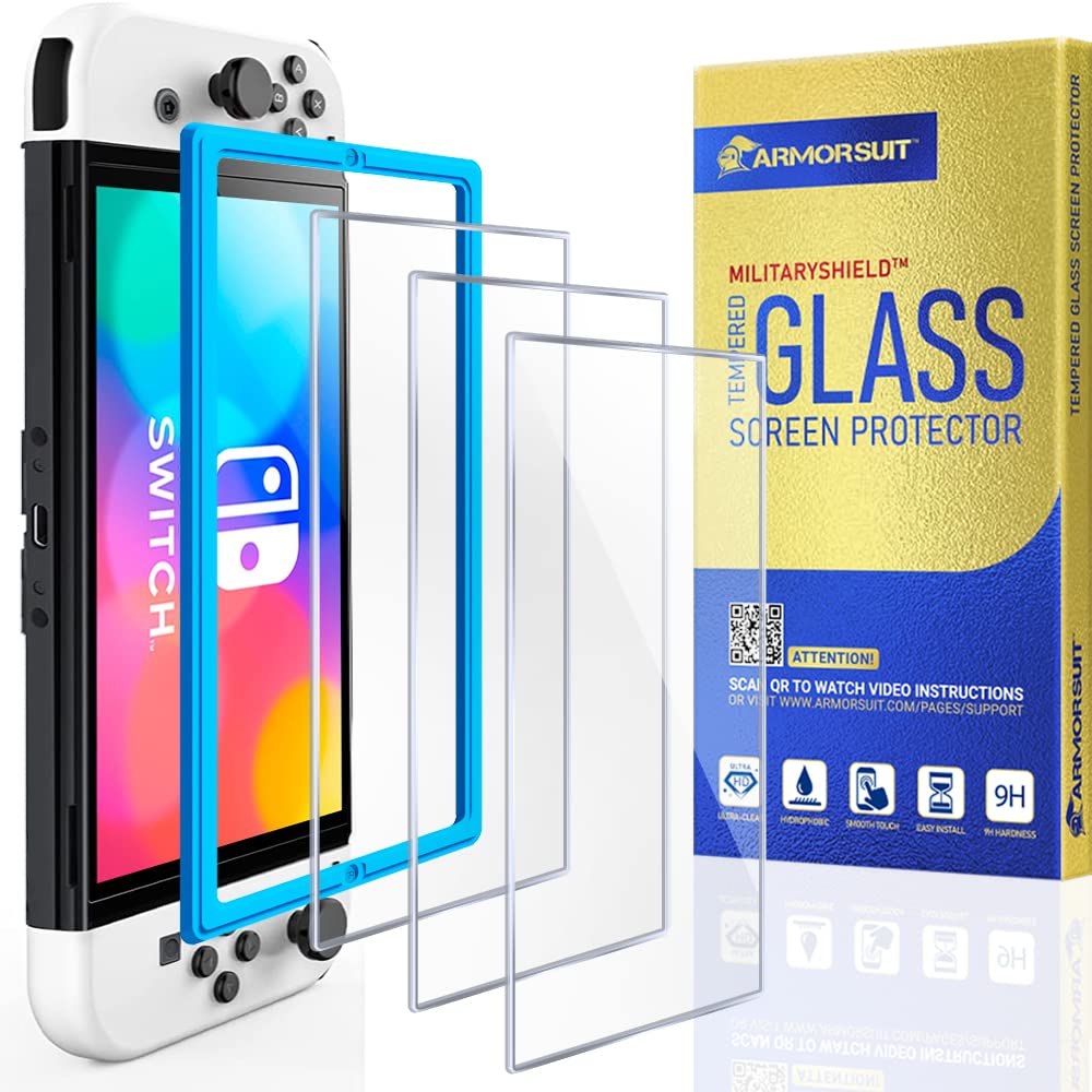 ArmorSuit 3 Pack for Nintendo Switch OLED model 2021 Screen Protector Tempered Glass 9H+ Ultra HD MilitaryShield Glass [w/Alignment Frame]