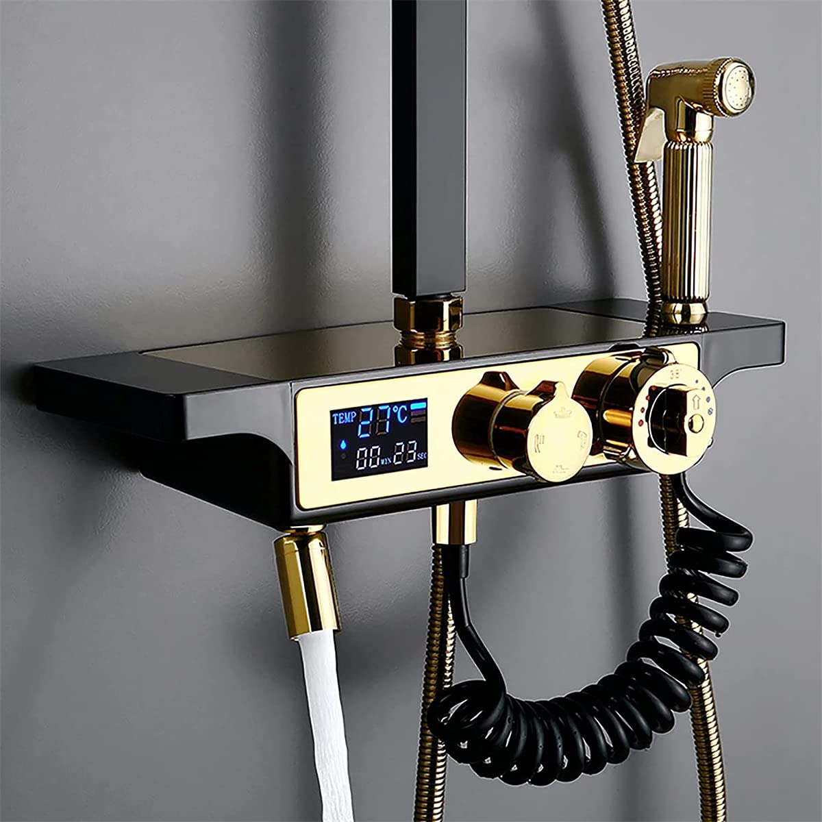 Sistema Doccia a Pioggia, Set termostatico Combinato, Rubinetto per Bagno in Oro e Nero con soffione a Pioggia, doccetta, Rubinetto per Vasca, doccetta Bidet, Display Digitale