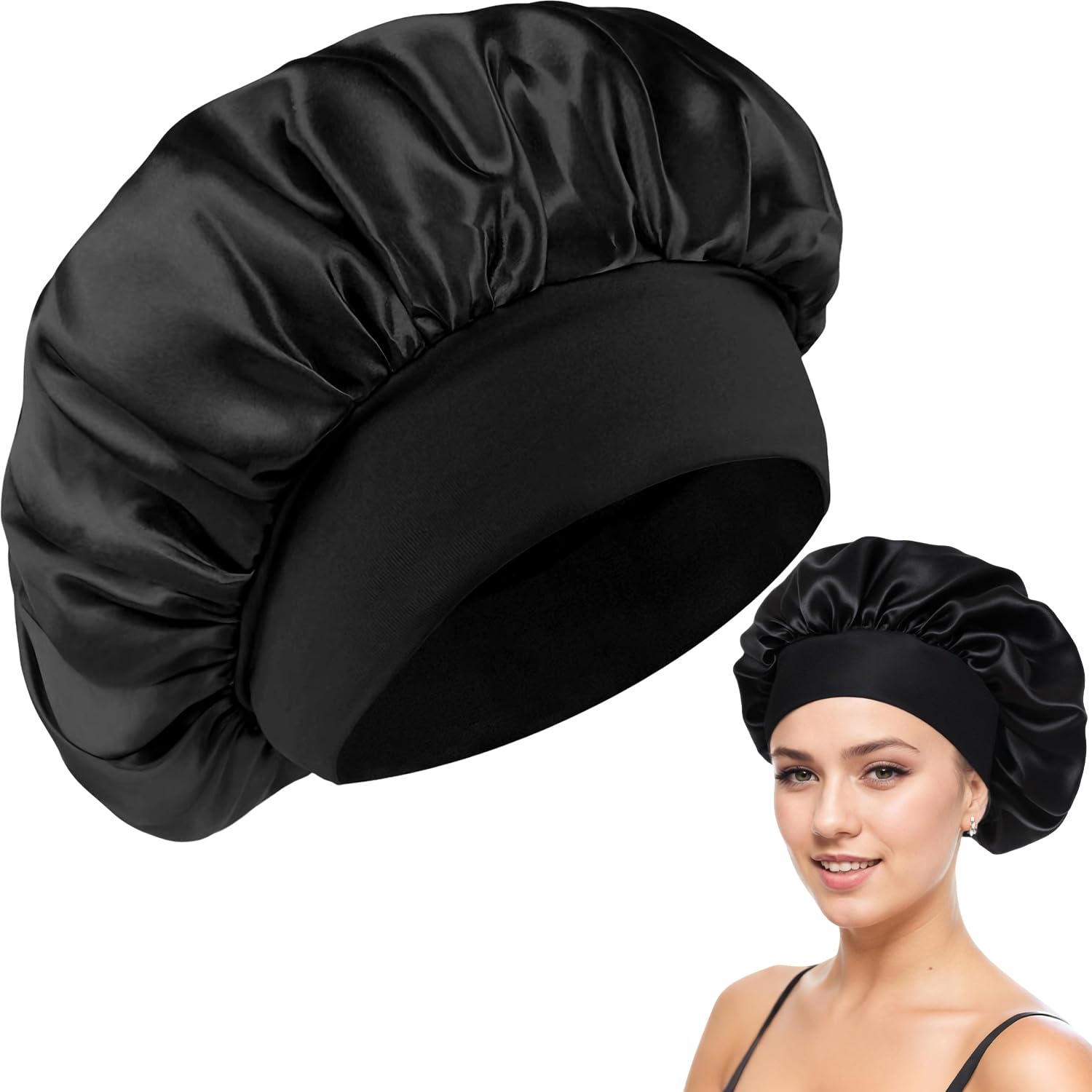 Gorro de Satén para Dormir | Gorro con Banda Elástica Ancha | Gorro para Cabello Rizado Trenzas Afro y Rastas (Negro)