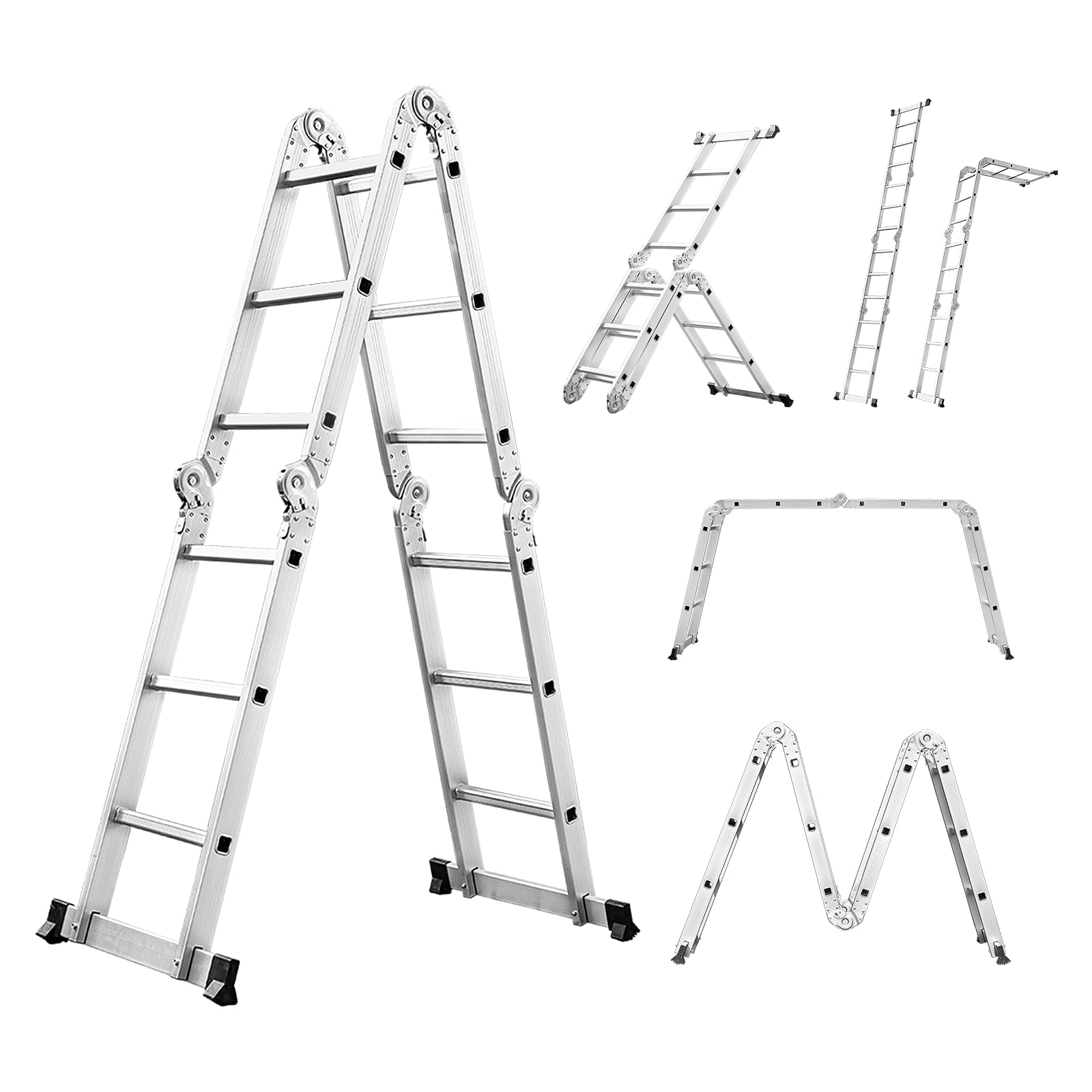 Miscoos Escalera Multifunción de Aluminio 6-en-1, Escalera Articulada Plegable 4x3 con 12 Peldaños, Antideslizante, Robusta, de Trabajo, 3.6 m, Capacidad de 150 kg