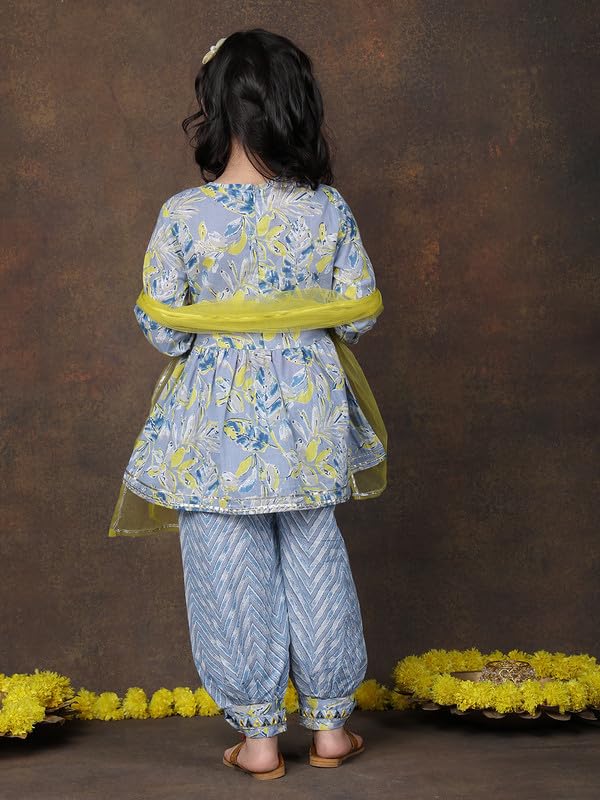 Image of superminis Girls Cotton Floral Printed Kurti Palazzo Style Salwar Set With Net Dupatta Kids Ethnic Wear Set
