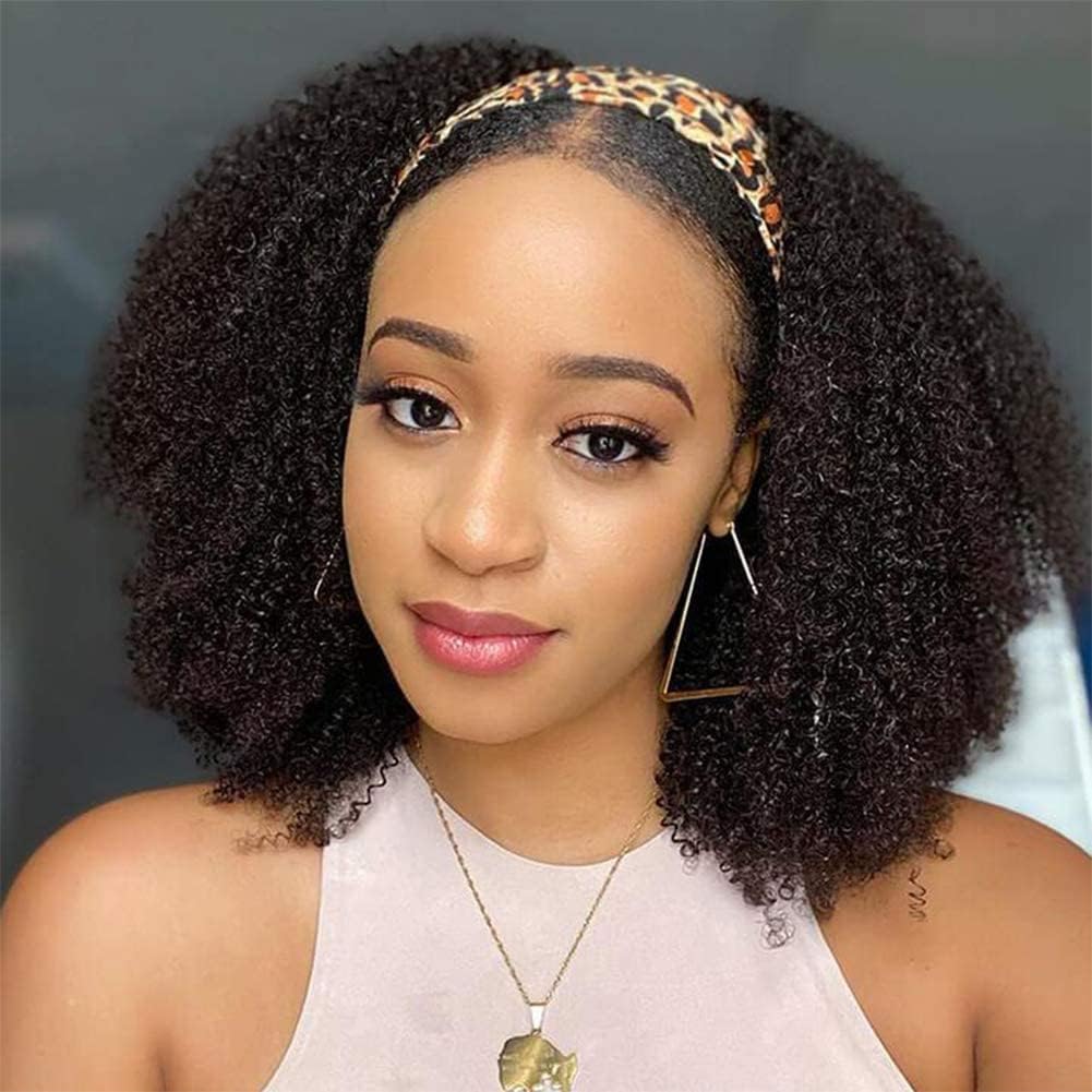 Headband Wig Afro Curly Hair Black Ice Silk Headband Wig 180% Density Human Hair Glueless No Lace Front Wig Suitable For Black Women Wig 22 Inch（Afro Curly）