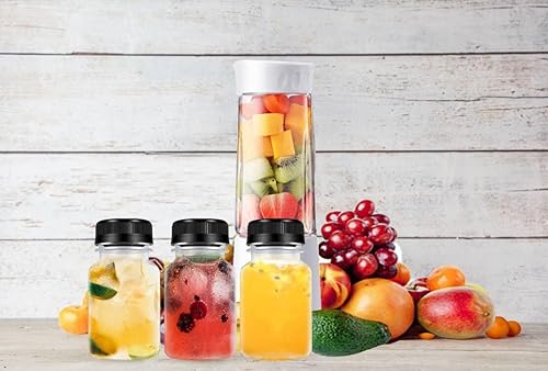 Miniatura 3 de 12 botellas de plástico para jugo, recipientes de bebidas reutilizables, para jugo, leche, batido y otras bebidas, con tapa negra, 2 onzas.