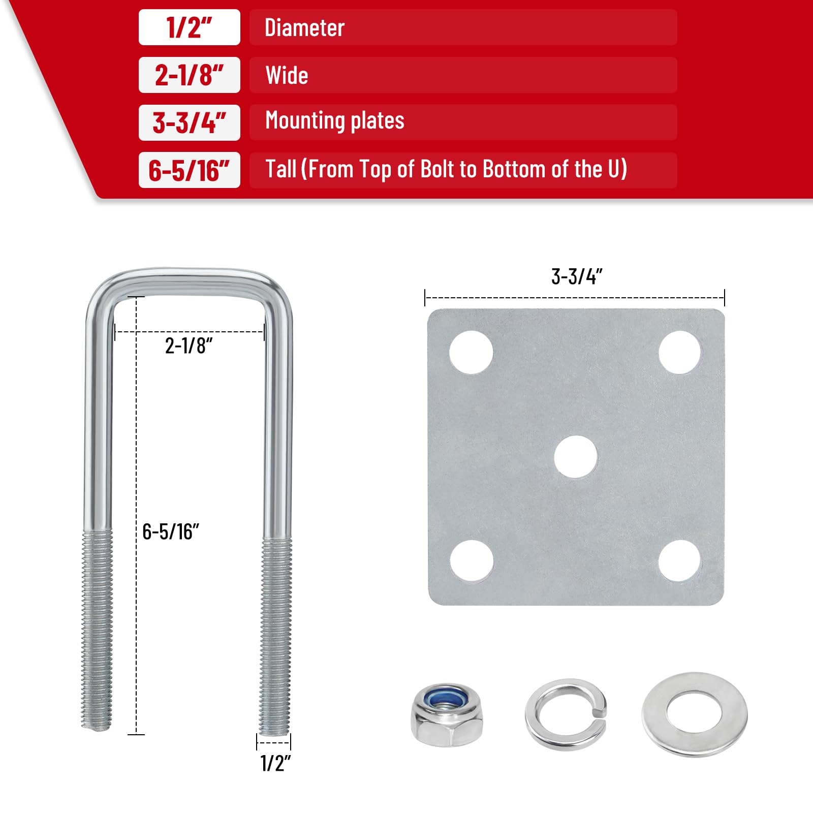 Racewill Square U-Bolt Kit For Boat Trailer Axle Leaf Springs – 1/2" X 2-1/8" X 5-1/4", Zinc-Coated, With Mounting Plates And Hardware