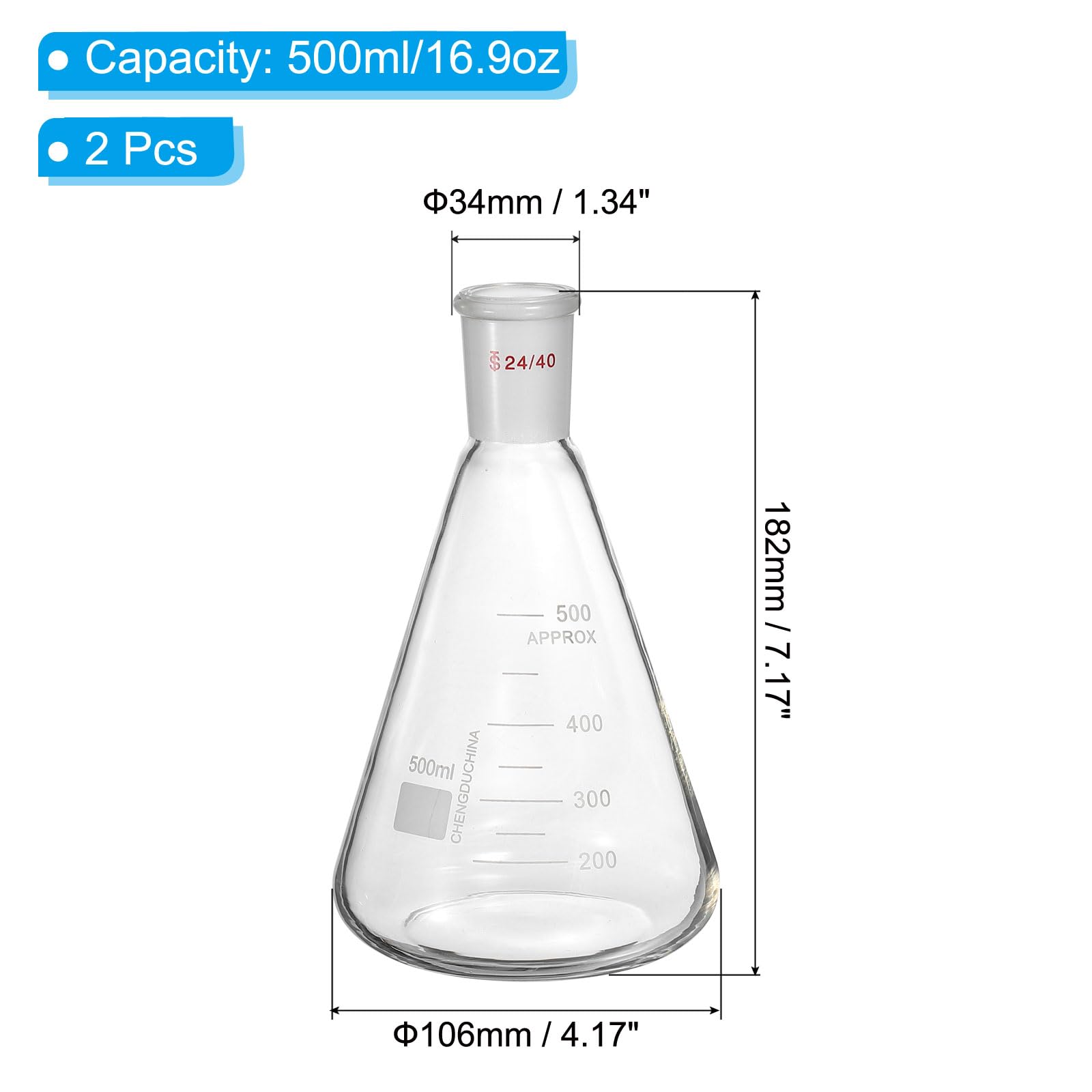 PATIKIL 24/40 Matraccio Conico 2 Pezzi 500ml/16.9oz Matracci In Vetro Borosilicato Pareti Spesse Con Misura E Attacco Standard Taper 24/40 Per Esperimenti Di Chimica In Laboratorio