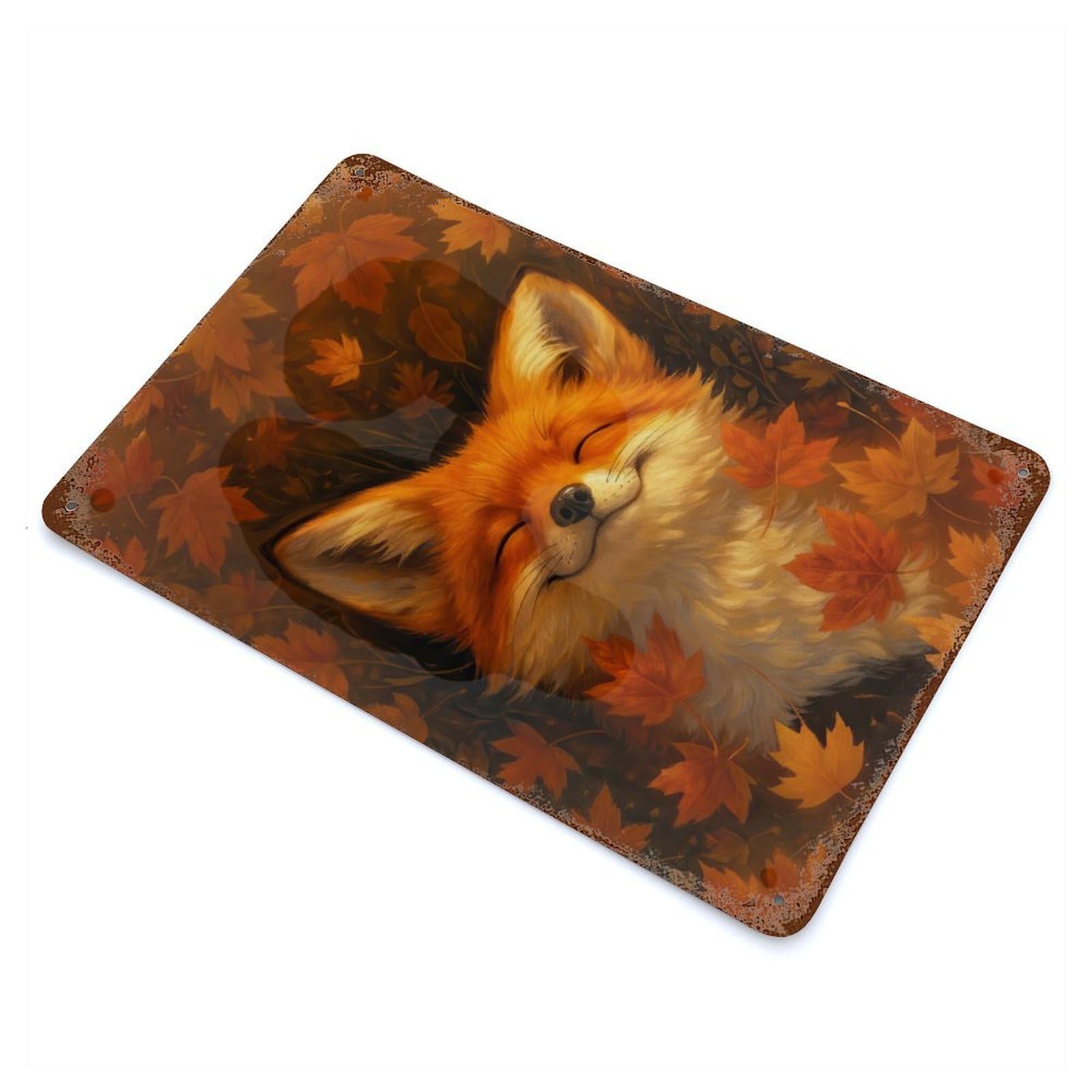 Smiling Fox in Autumn Leaves 11.8"x7.9" Rustic Tin Plaque, Industrial Home Decor for Farmhouse, Kitchen And Entryway Decor