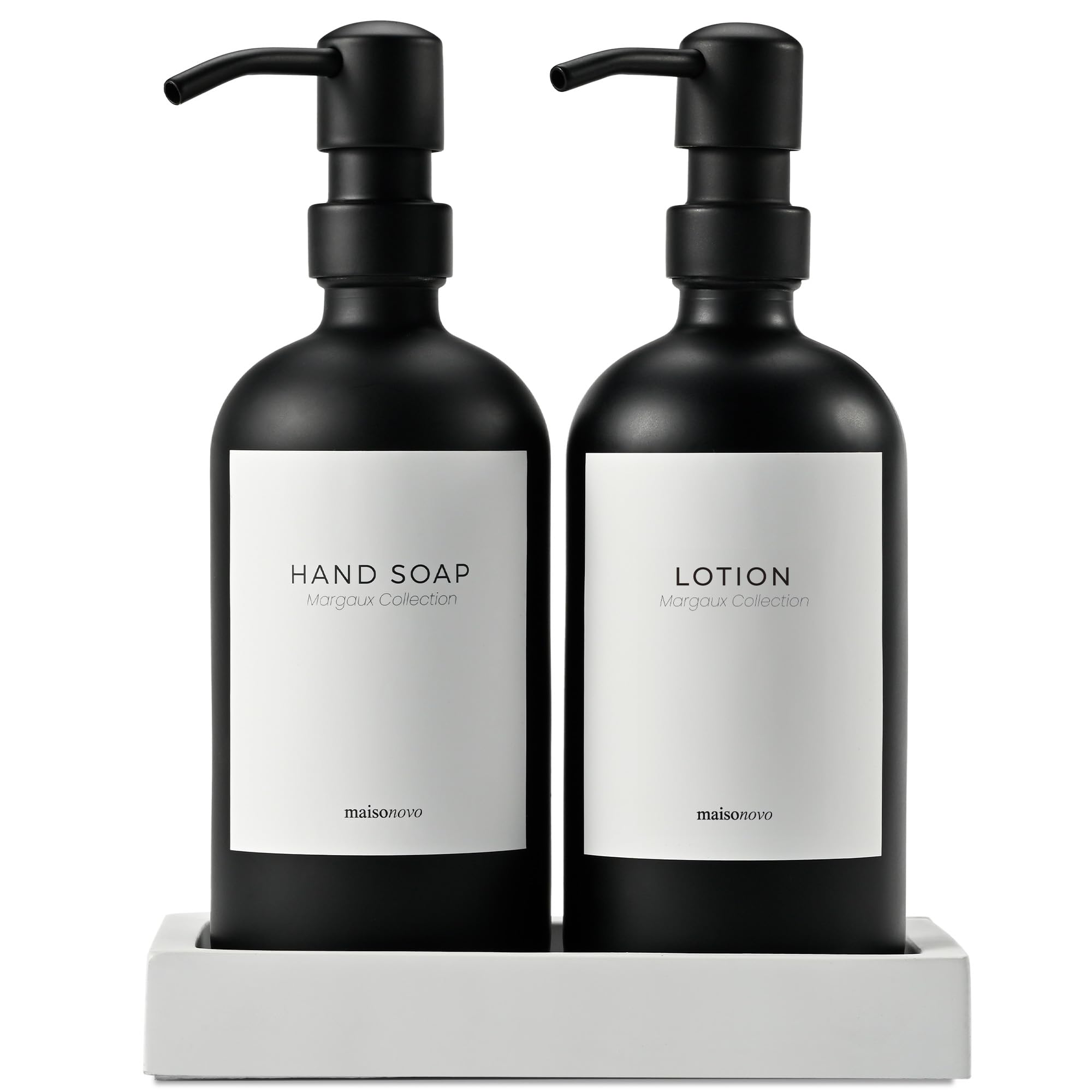MaisoNovo Soap Dispenser 3-Piece Set | 16.9oz Black Bottles with Black Stainless Steel Pumps