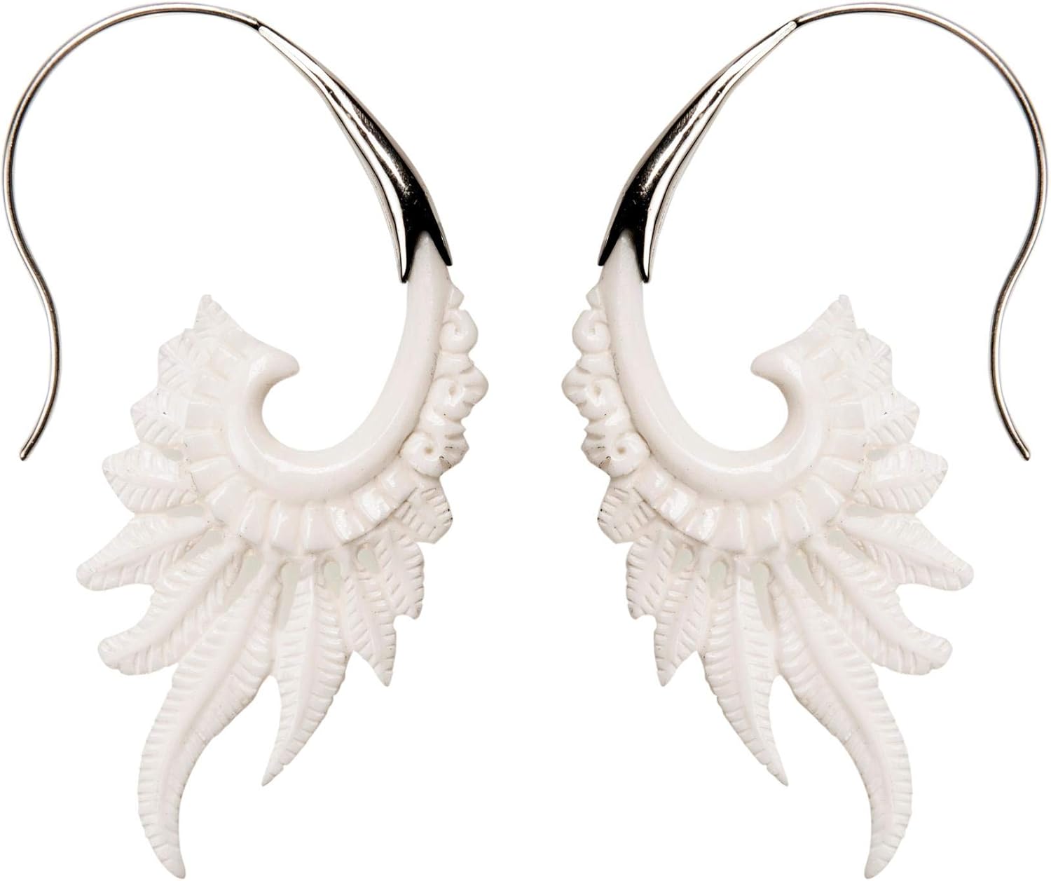 81stgeneration Long Feather Bone Earrings for Women With 925 Sterling Silver Hooks - Tribal Wing Spiral Earrings - Hypoallergenic Boho Threader Earrings - Hand Carved Bone Jewelry