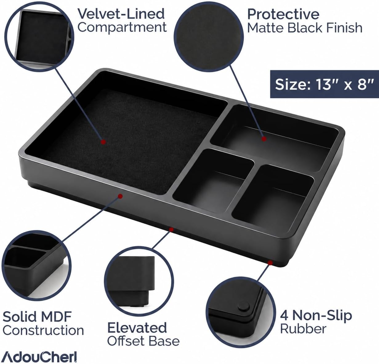 Dresser Trays Organizer for Bedroom — 13x8 Multi-Compartment Velvet-Lined Catchall Tray for Watch, Wallet, Keys, Jewelry, Cologne — Nightstand Valet Tray for Men and Women, Matte Black