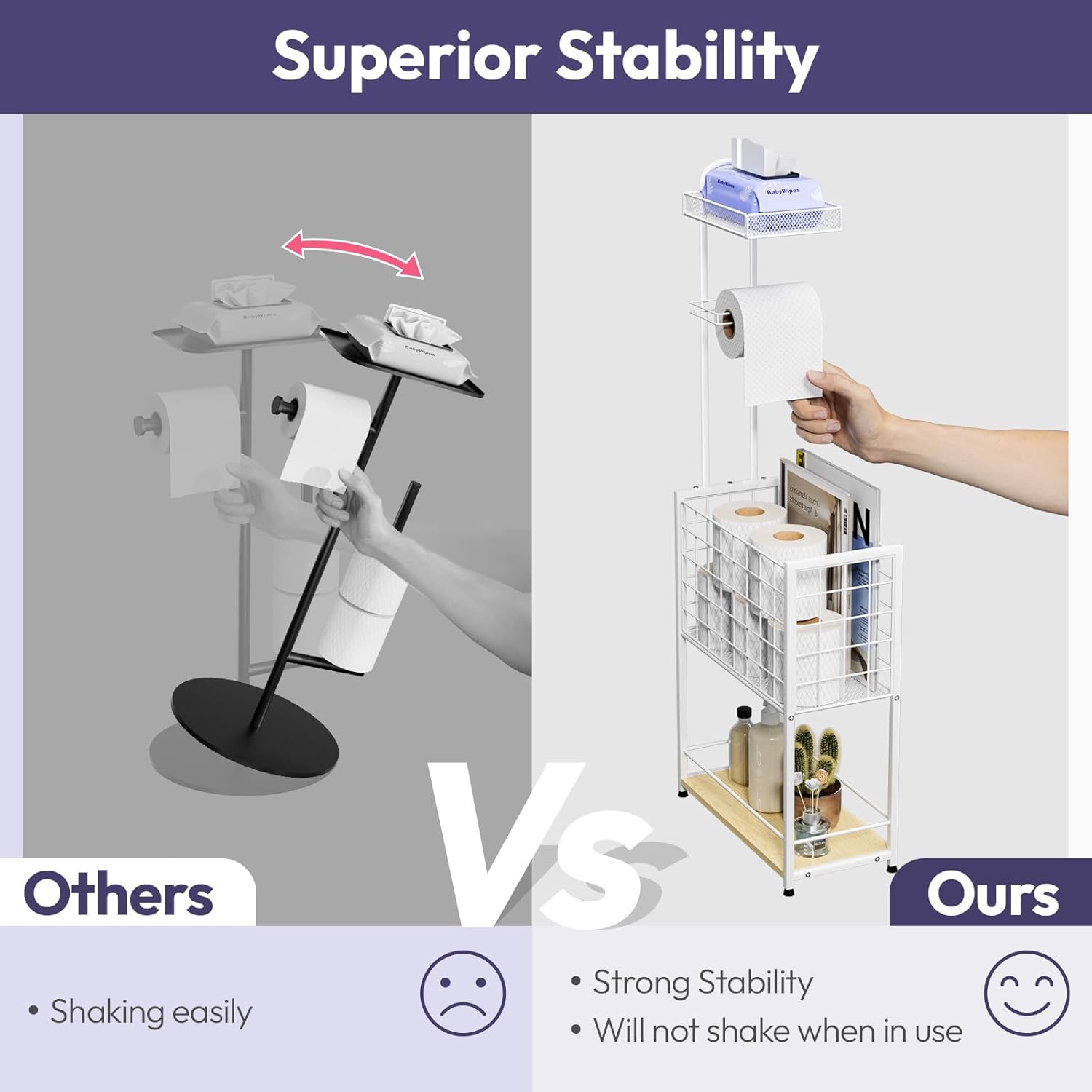 SWTYMIKI Freestanding Toilet Paper Holder - 4-Tier Free Standing Toilet Paper Holder Stand with Shelf, Bathroom Storage Rack for Extra Rolls, Magazines, Wet Wipes, Bathroom Essentials, White