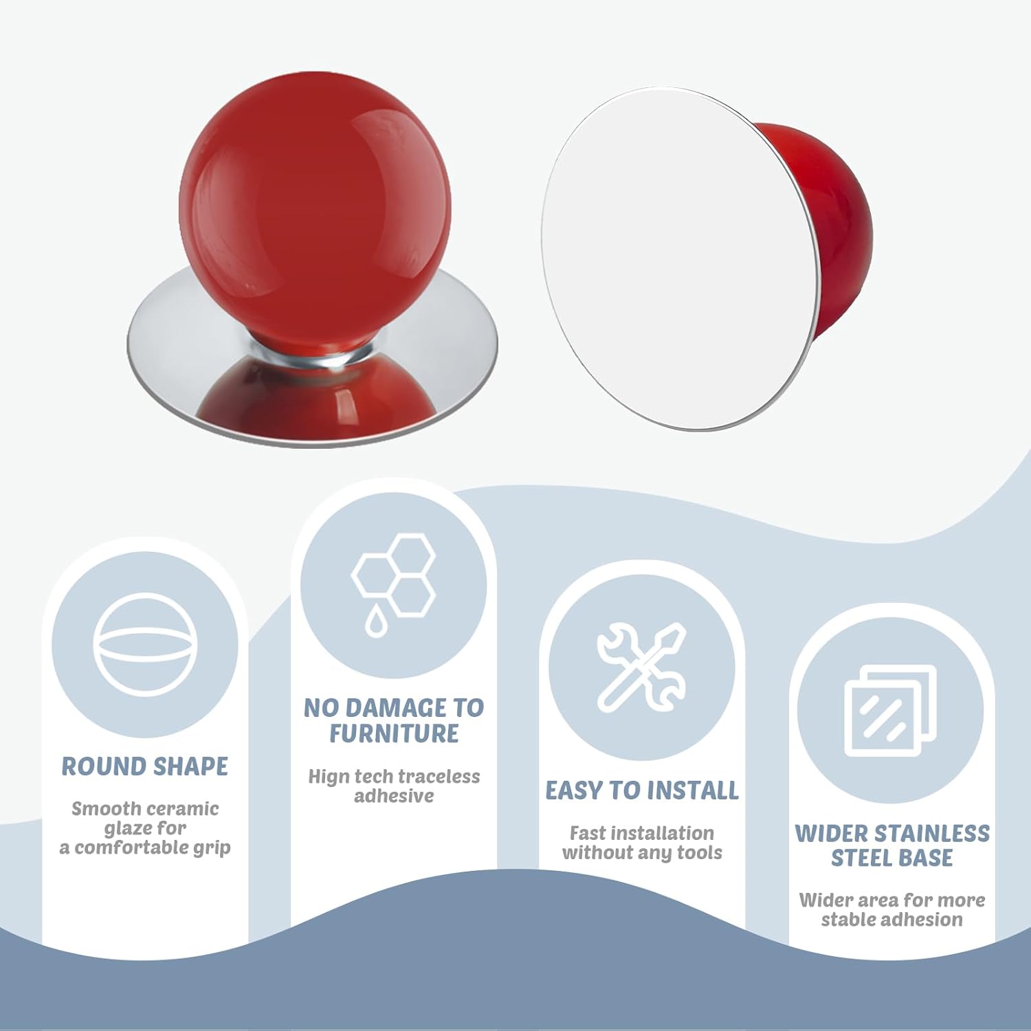 10 Pack Peel and Stick Cabinet Knobs Red Adhesive Ceramic Handles Ball Shape Adhesive Pulls Stick on Dresser Drill-Free Knobs for Cupboard Drawer Door Mirror Cabinet Wardrobe Container