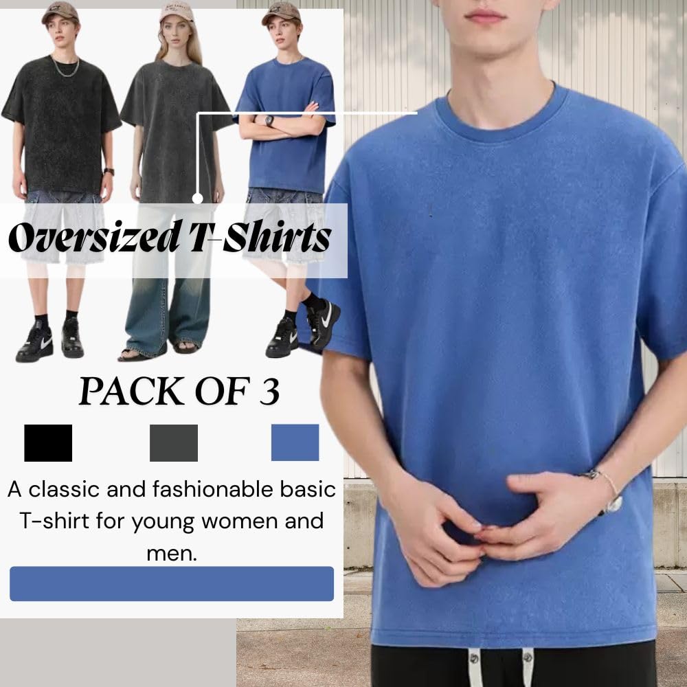Maglietta oversize da uomo, confezione da 3, in cotone, estiva, retrò, lavata, alla moda, hip hop, vintage, casual