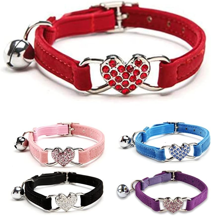 Red Love Heart Bling Cat Collar with Safety Belt and Bell 8-11 Inches, Gift for Valentine's Day