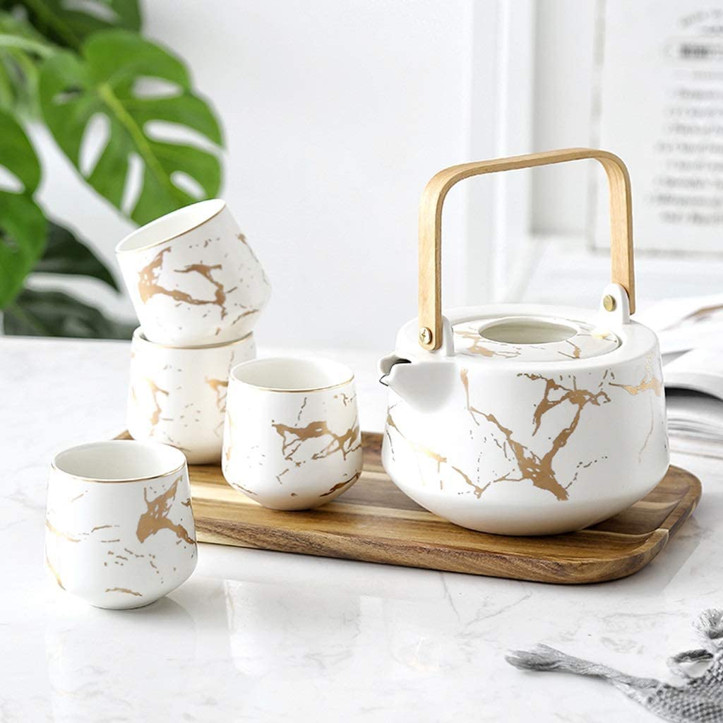 Juego De Té, Juego De Tazas De Café, Juego De Tazas De Té, Juego De Té De Cerámica, Tetera Grande De Cerámica, 4 Tazas De Té con Bandeja De Madera, Juego De Tazas De Té (Blanco, 6 Piezas)