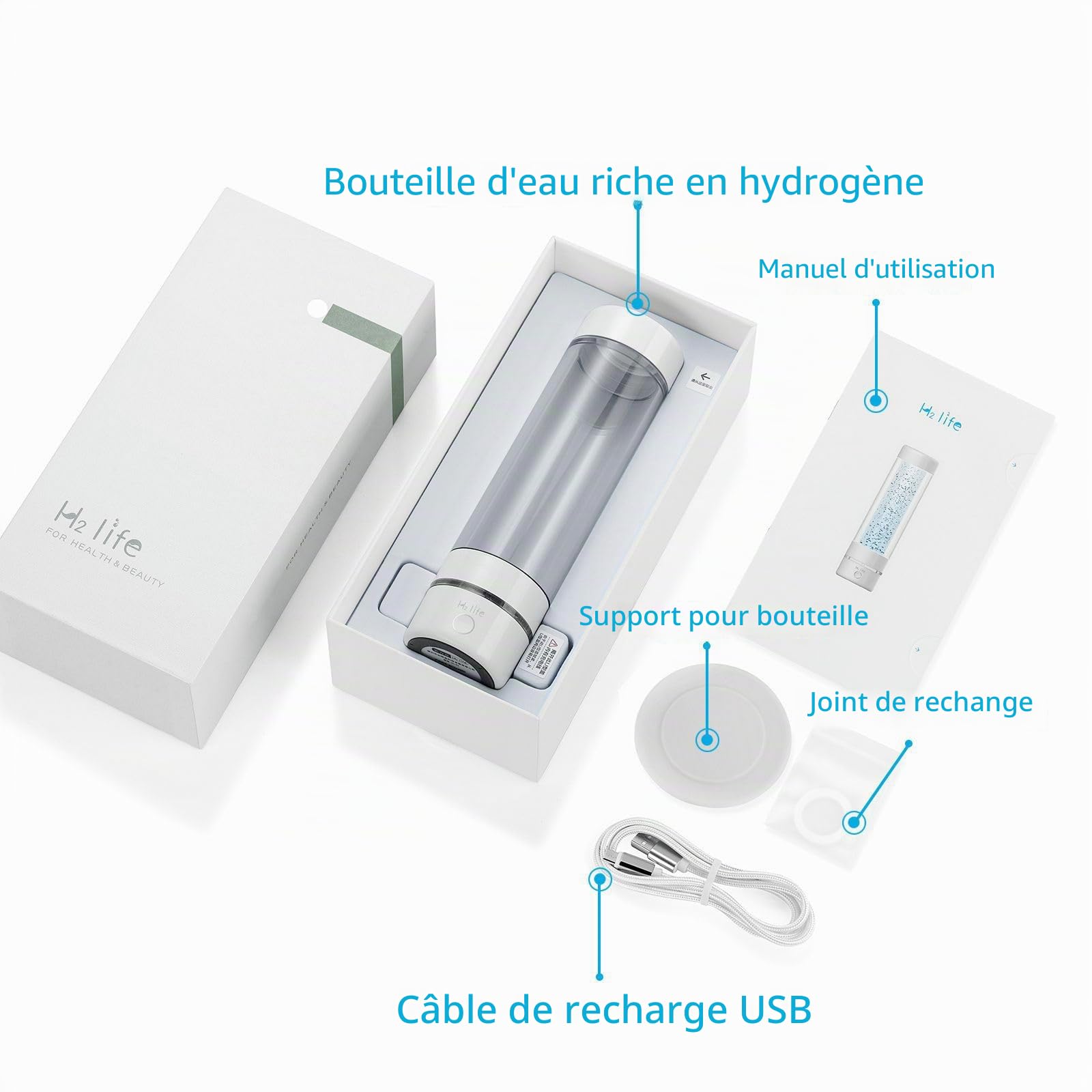 Générateur d'eau d'hydrogène, bouteille d'eau professionnelle sans BPA – Double mode portable réutilisable ioniseur d'eau avec SPE et PEM Bouteille d'eau d'hydrogène pour le sport