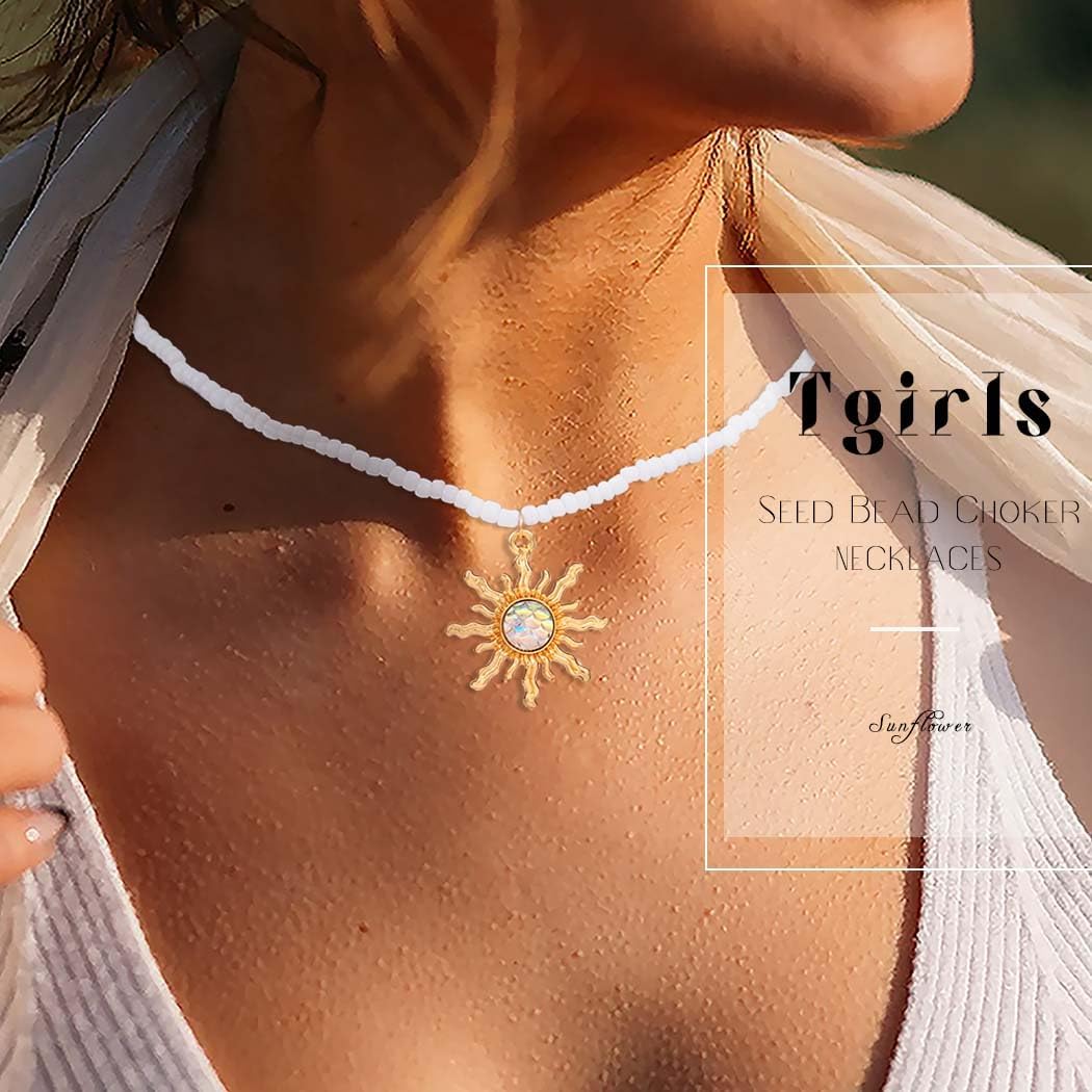 Tgirls Boho Beaded Necklace Crystal Sun Pendant Necklaces Opal Hippie Sun Choker Necklace Seed Bead Necklace Jewelry for Women - Image 6