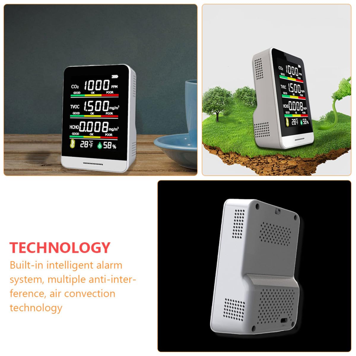Medidor de Co2 Portátil para Calidad del Aire Sensor Hcho y Capacidad de 1200ma, Monitor de Temperatura y Humedad para Uso en Interiores