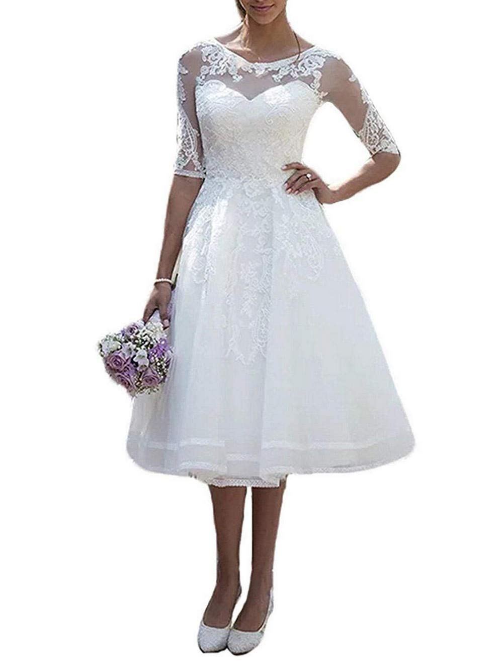 JAEDEN Vintage Brautkleider Hochzeitskleider Damen Knielang Spitze Standesamtkleider mit Ärmel