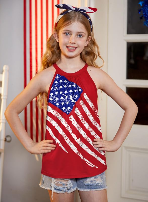 Image of BesserBay Girls Summer Back Button Halter Neck Tank Top Cold Shoulder Casual Blouse Pleated Sleeveless Shirts 5-14 Years