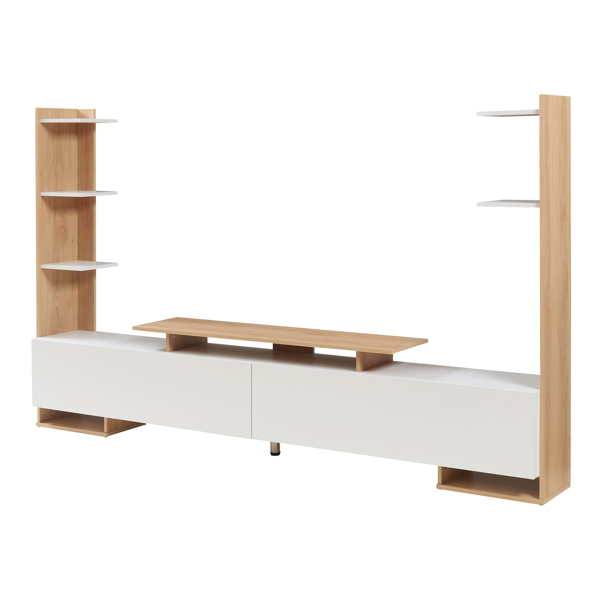 [en.casa] TV Schrank Rauki Lowboard mit 2 Seitenregalen Fernsehschrank 233 x 31 x 141 cm TV Board mit 1 offenen Fach und 2 Türen TV Kommode Fernsehtisch Weiß/Eicheoptik