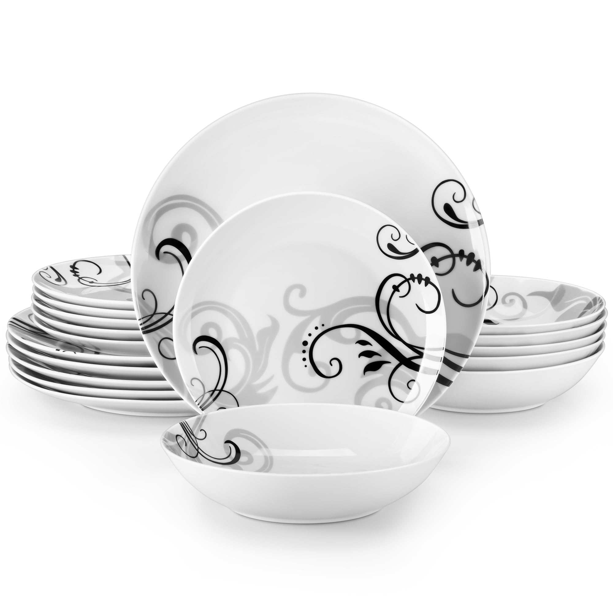 VEWEET Porcelain Dinnerware Sets for 6, 24 Pieces Plates and Bowls Set with Black and Grey Ribbon Lines, Dishes Set Dining Ware for Dinner, Microwave and Dishwasher Safe, Series FIONA — view 9